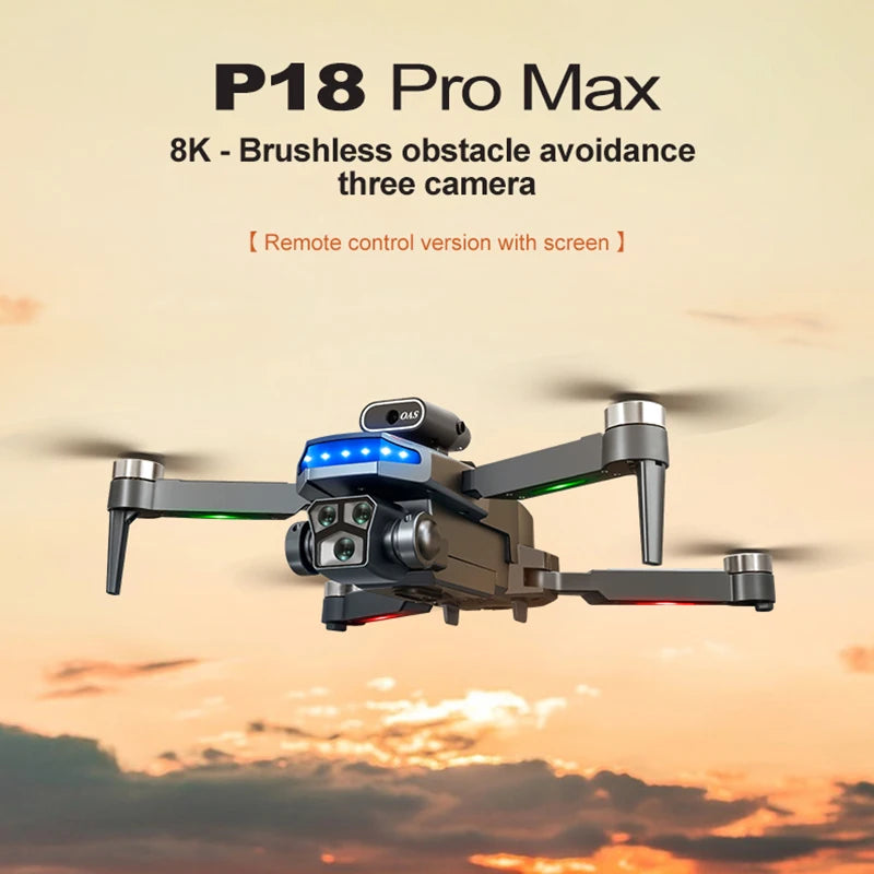 P18 Drone with 8K Camera 4.5 Inch Screen Remote Control Brushless Motor Obstacle Avoidance Foldable Quadcopter for Beginner