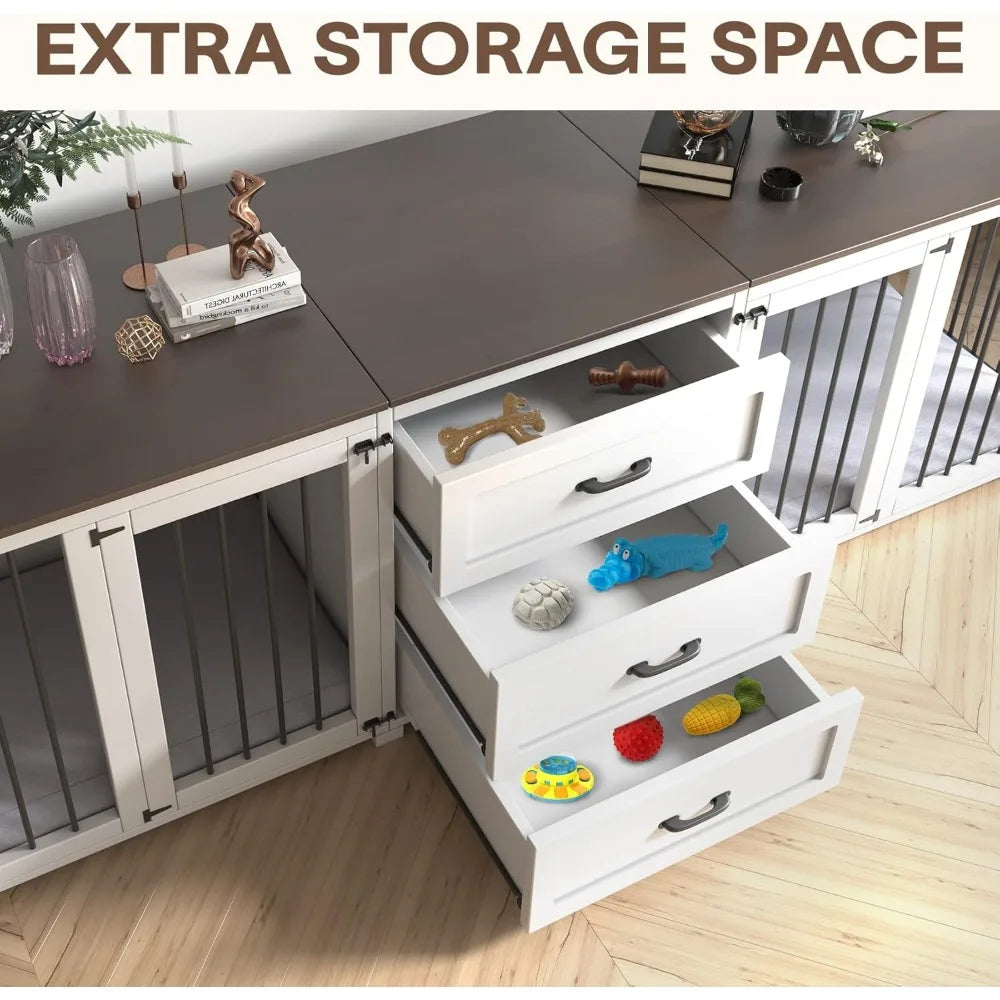 Style Dog Crate - Wooden Dog Kennel Furniture with 3 Drawer, Double Doors with Locks, 95x23x32H, White