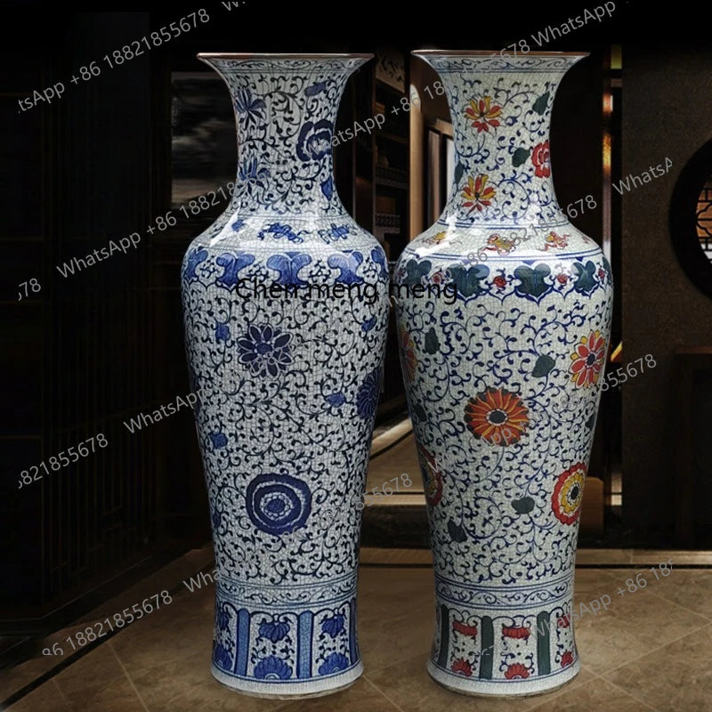 Ceramic handicraft ornaments Antique hand-painted blue and white cracks to the ground, large vases, decorative ornaments